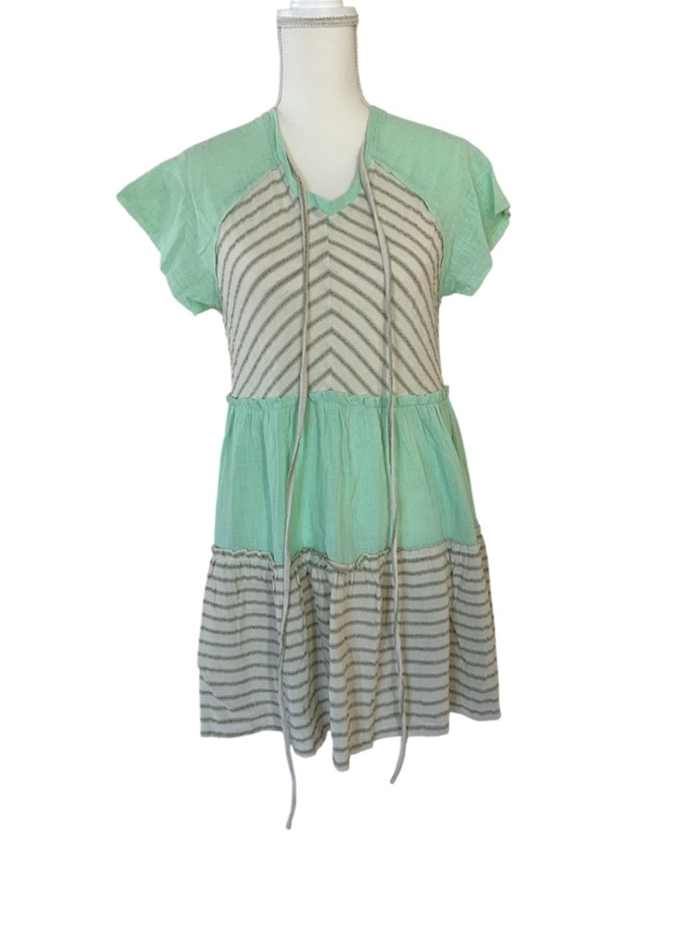 POL Mint Green and Beige Striped Casual Tiered Dress